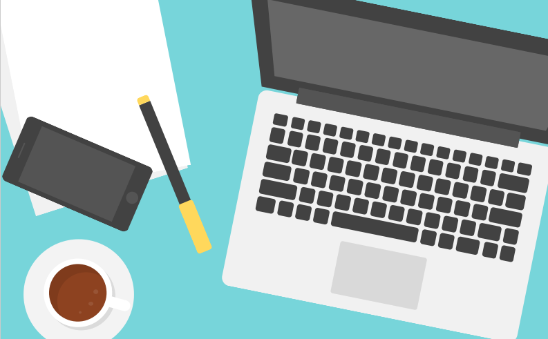 Infographie représentant un bureau sur lequel sont disposés ordinateur, crayon, smartphone et asse de café
