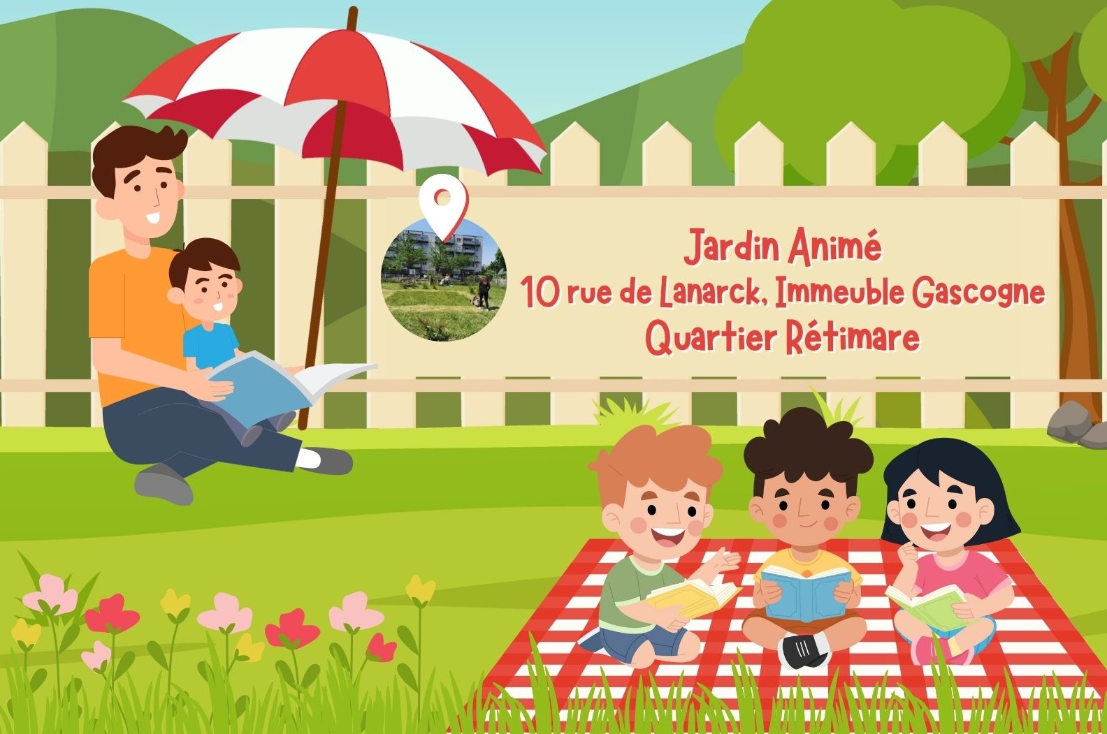 Un adulte et des enfants assis en train de lire dans l'herbe