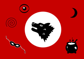 Infographie représentant un loup, un masque, un chaudron, une lune...