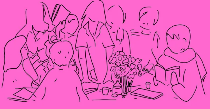 Visuel représentant des silhouettes attablés en train de discuter et lire  