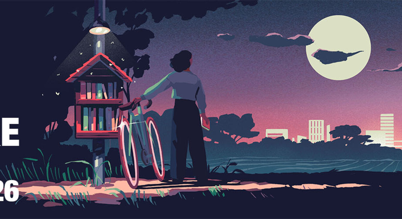 Illustration d'une personne avec un vélo devant une boîte à livres de nuit, avec une grande lune et une ligne d'horizon urbaine.