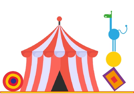 Illustration d’un chapiteau de cirque rouge et blanc, avec à côté plusieurs éléments décoratifs colorés, dont une cible, un losange et une figurine stylisée en forme d’animal sur deux balles. 