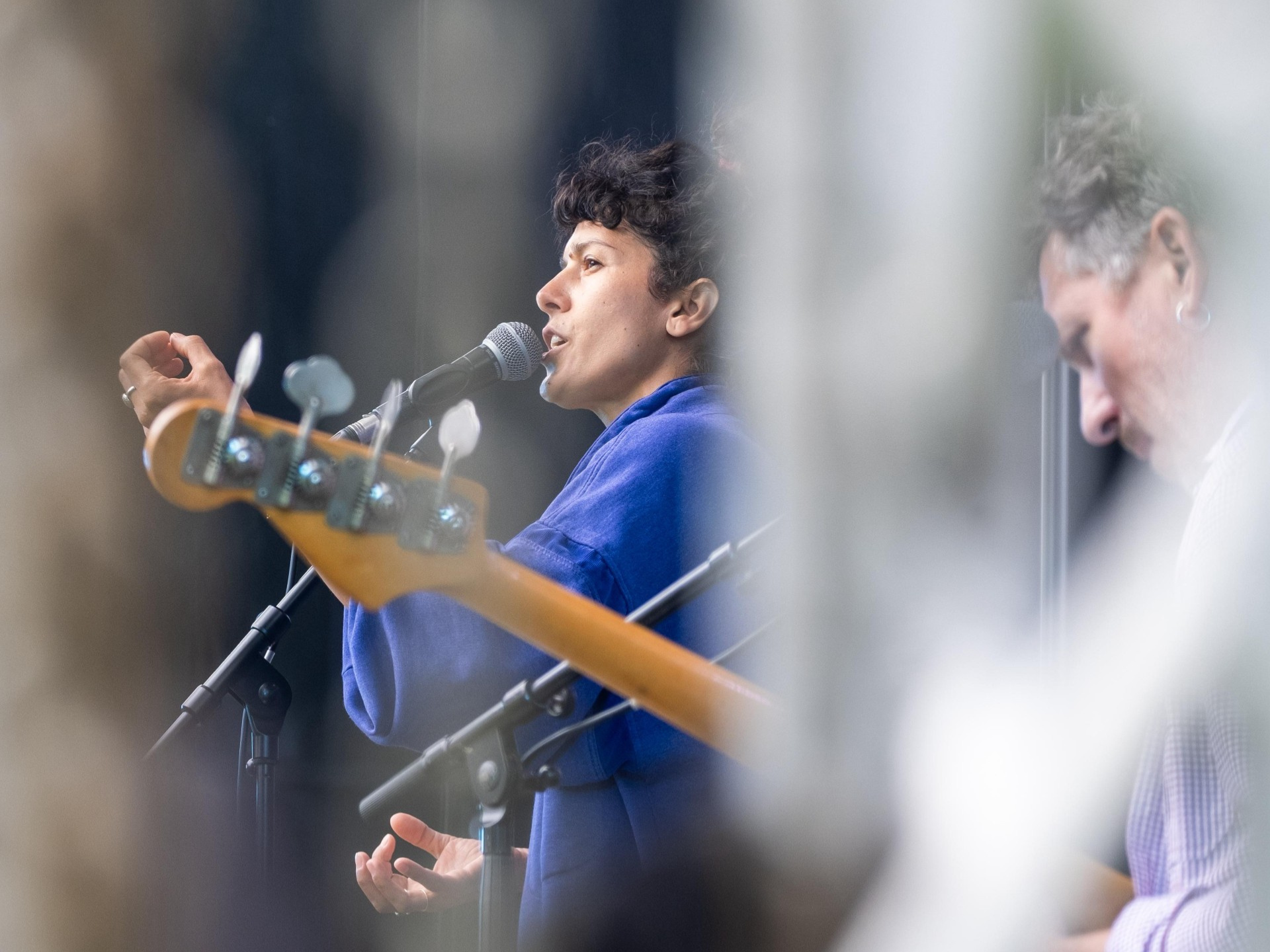 Deux musiciens en concert photographiés de profil 